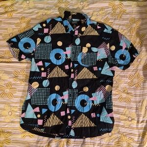 Superdry Black Short-Sleeve Button-Down Shirt with Blue & Pink Geometric Print